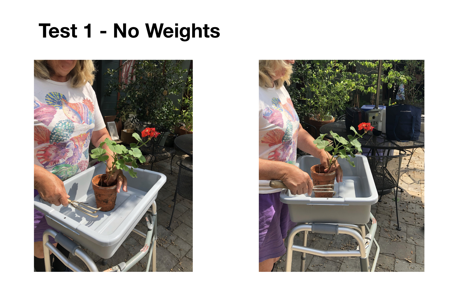 Two pictures of co-designer using garden cart to plant potted plants